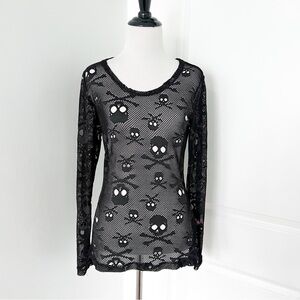 Royal Bones Black Skull Mesh Long Sleeve Top